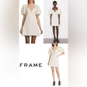 Frame Keyhole Tie Neck Puffed Sleeve Mini Dress in Flax / Khaki